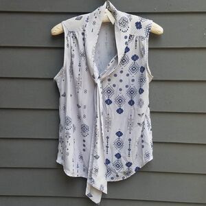 Elena Baldi Gray White Sheer Print Top with tie size Medium